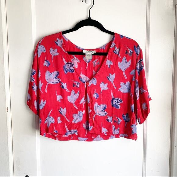 Vintage Cropped Top Blouse 1990s One Button Open Front Overlay Top Floral Red S - Picture 1 of 7